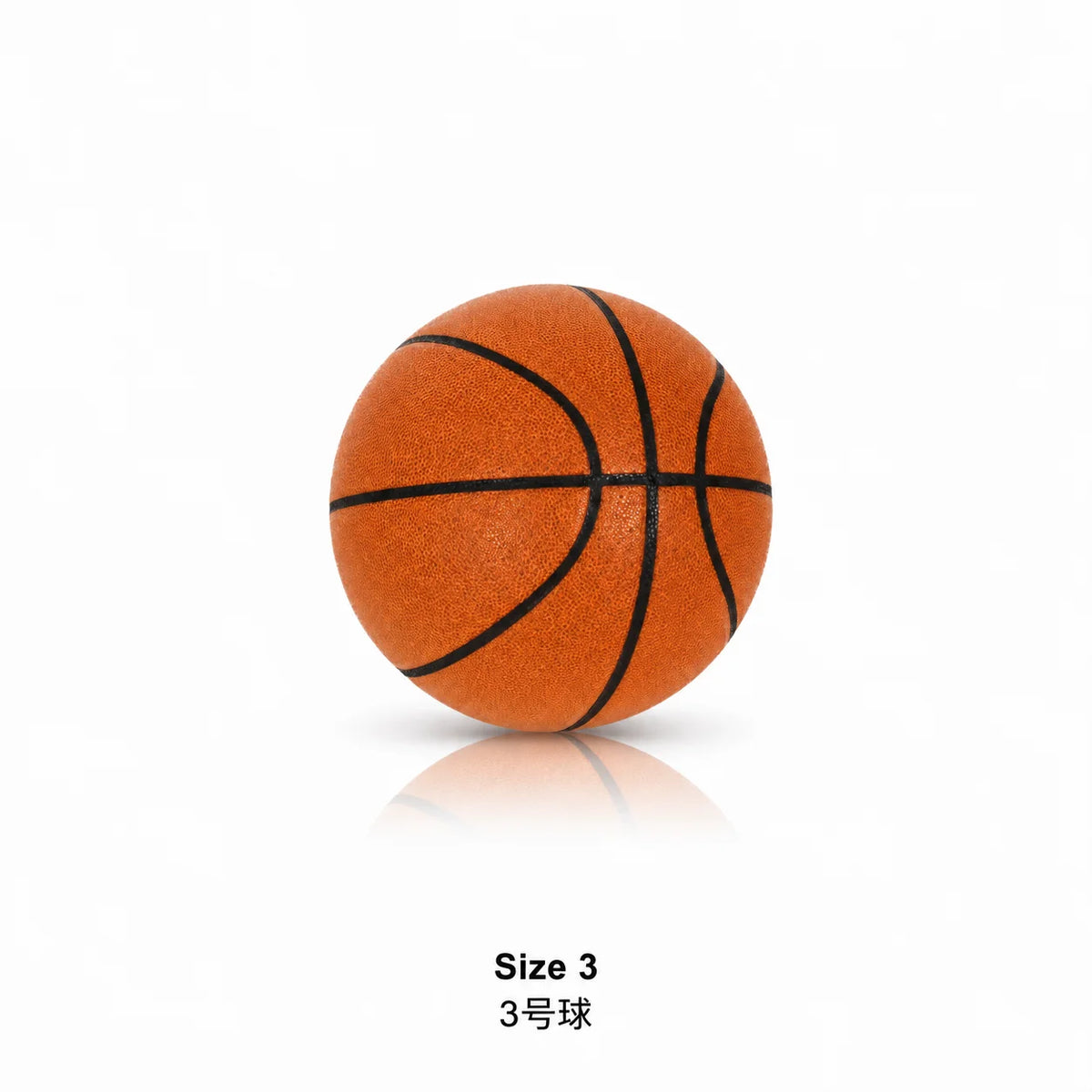 An orange Size 3 basketball with black lines shown against a white background.