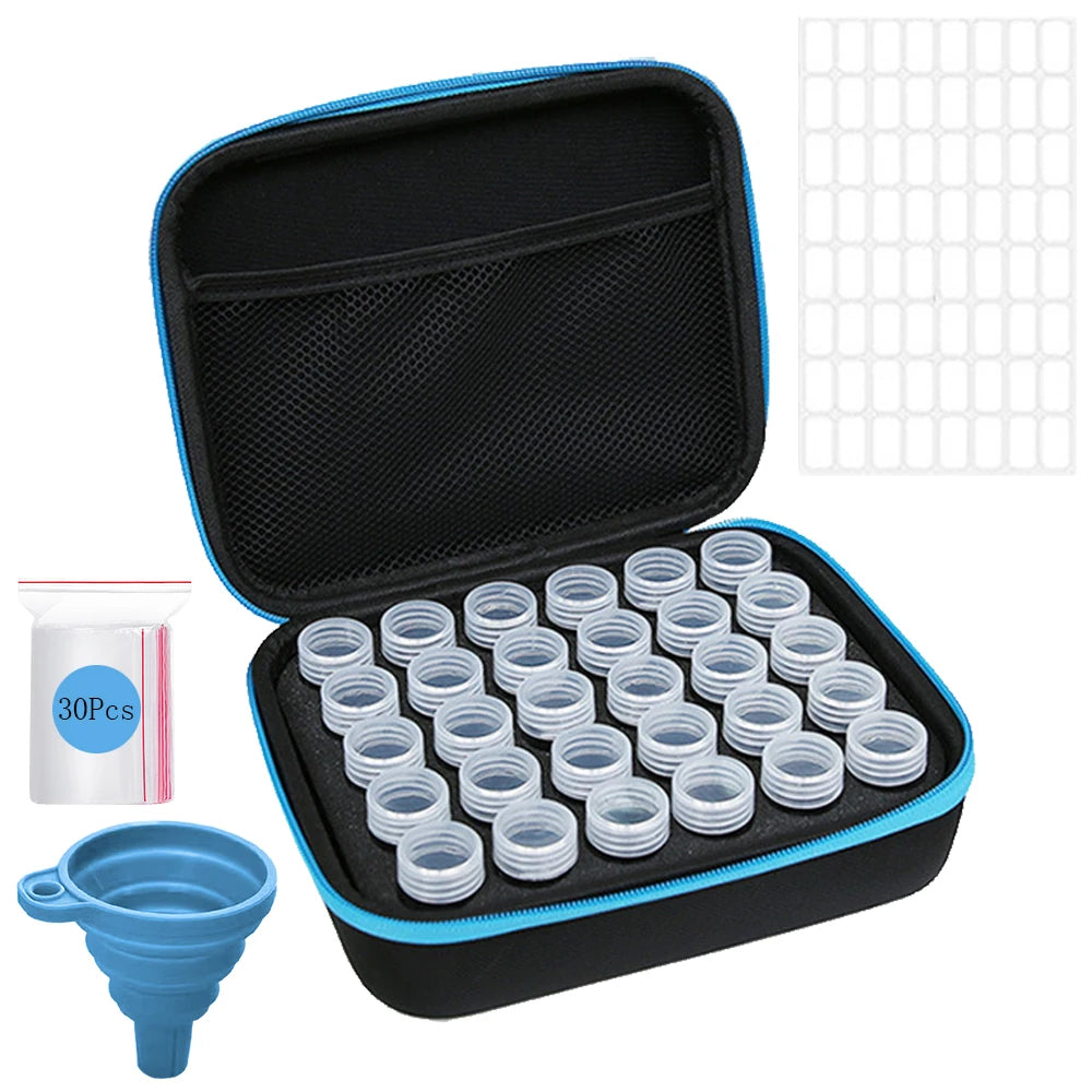 Black storage case for diamond painting jars and a grid of white plastic pieces