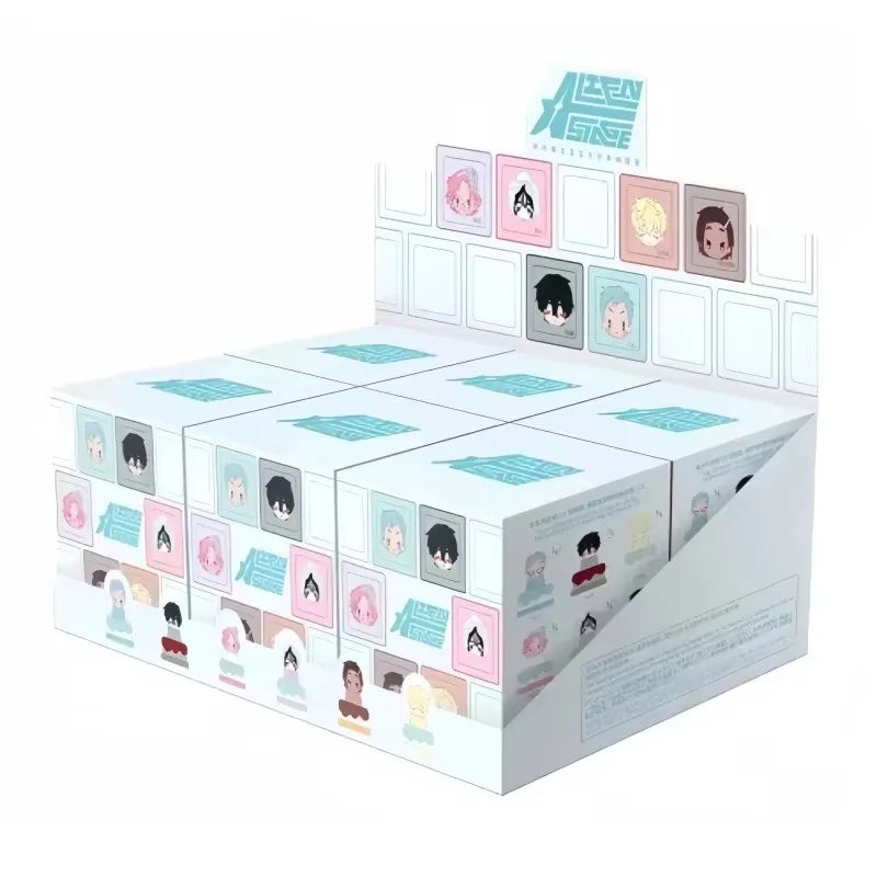 A blind box collectible featuring mini figures of various characters displayed in a white box packaging.