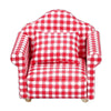 A red and white checkered mini sofa and pillow set for a dollhouse