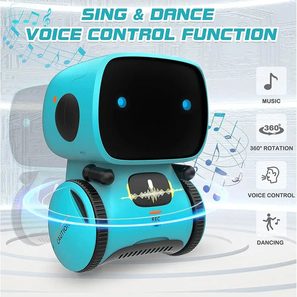 A blue robotic pet with a screen and speakers is shown, demonstrating sing and dance voice control functions.