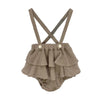 A beige vintage floral baby girl outfit set featuring a blouse and romper with criss-cross straps.