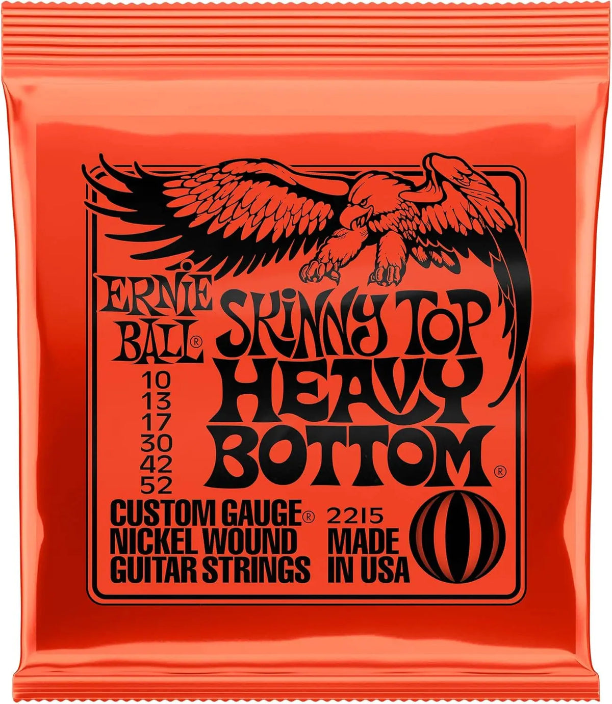 Orange foil package of Ernie Ball Skinny Top Heavy Bottom custom gauge guitar strings.