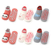 A pack of six pink and gray cotton socks featuring cartoon animals with non-slip grips for kids.