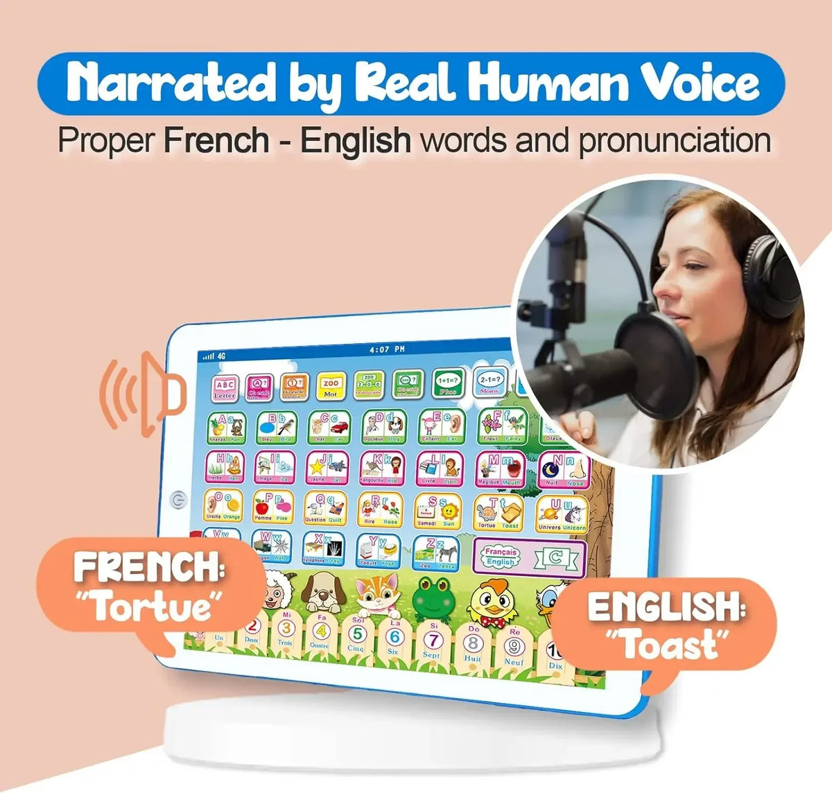 A tablet screen shows a French word Tortue and its English translation Toast, demonstrating proper French pronunciation.