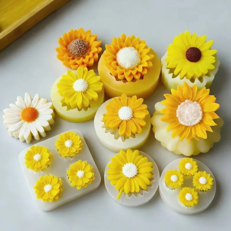 Yellow silicone molds shaped like sunflowers for candle making and soap crafting