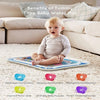 A baby is sitting on an inflatable water play mat for tummy time with various developmental benefits shown below.