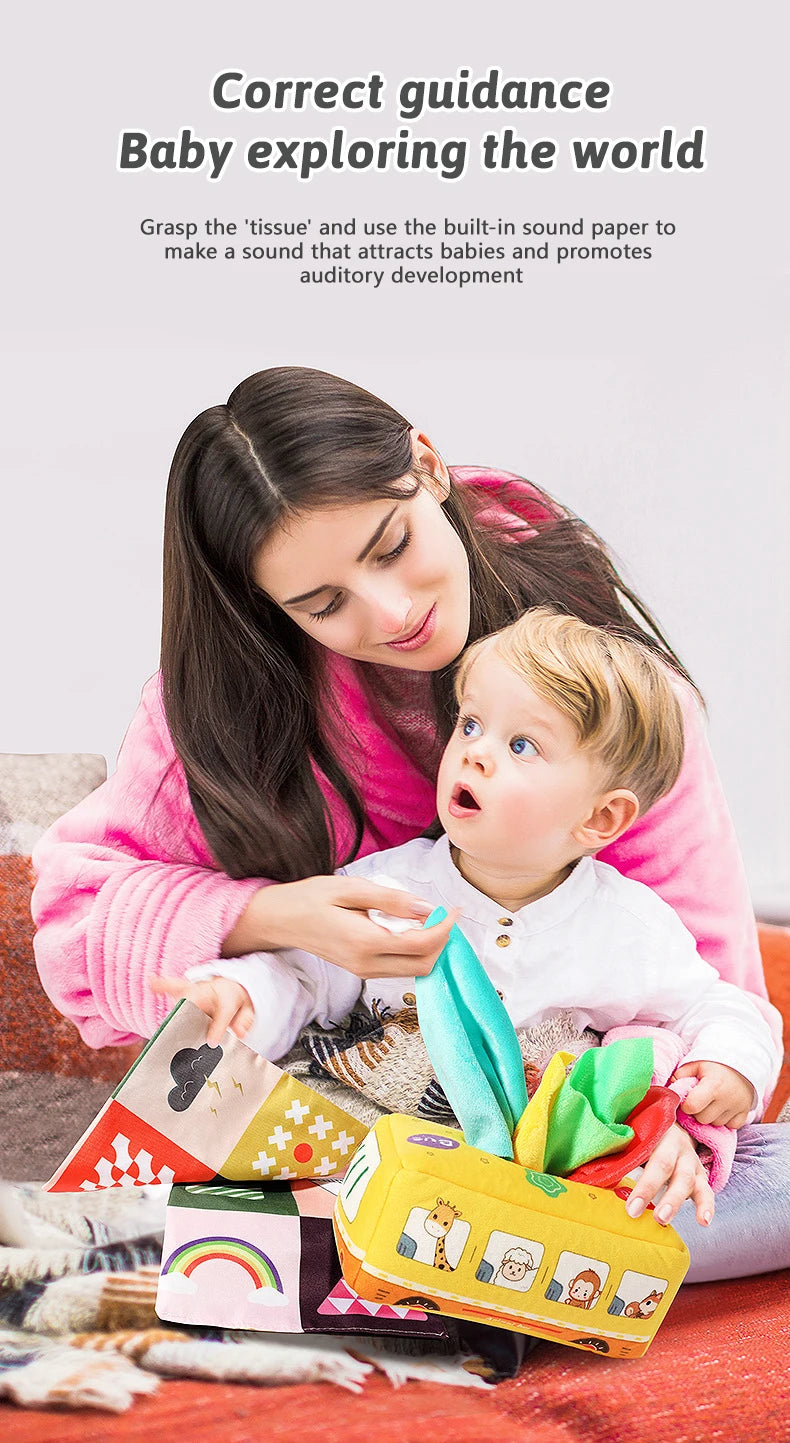 Sensory Tissue Box Toy with Crinkle Paper and Silky Scarves