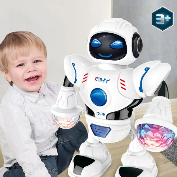 A smiling toddler is interacting with a white 360 spinning music dancing robot for kids.