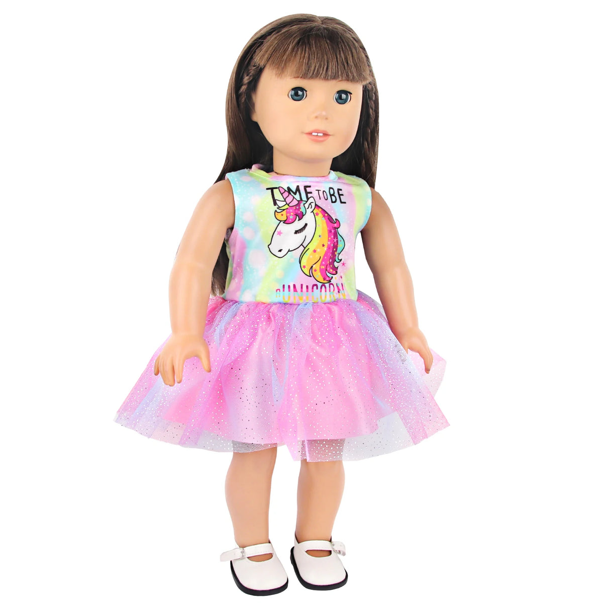 A doll wearing a unicorn themed outfit consisting of a light blue top and a pink tulle skirt.