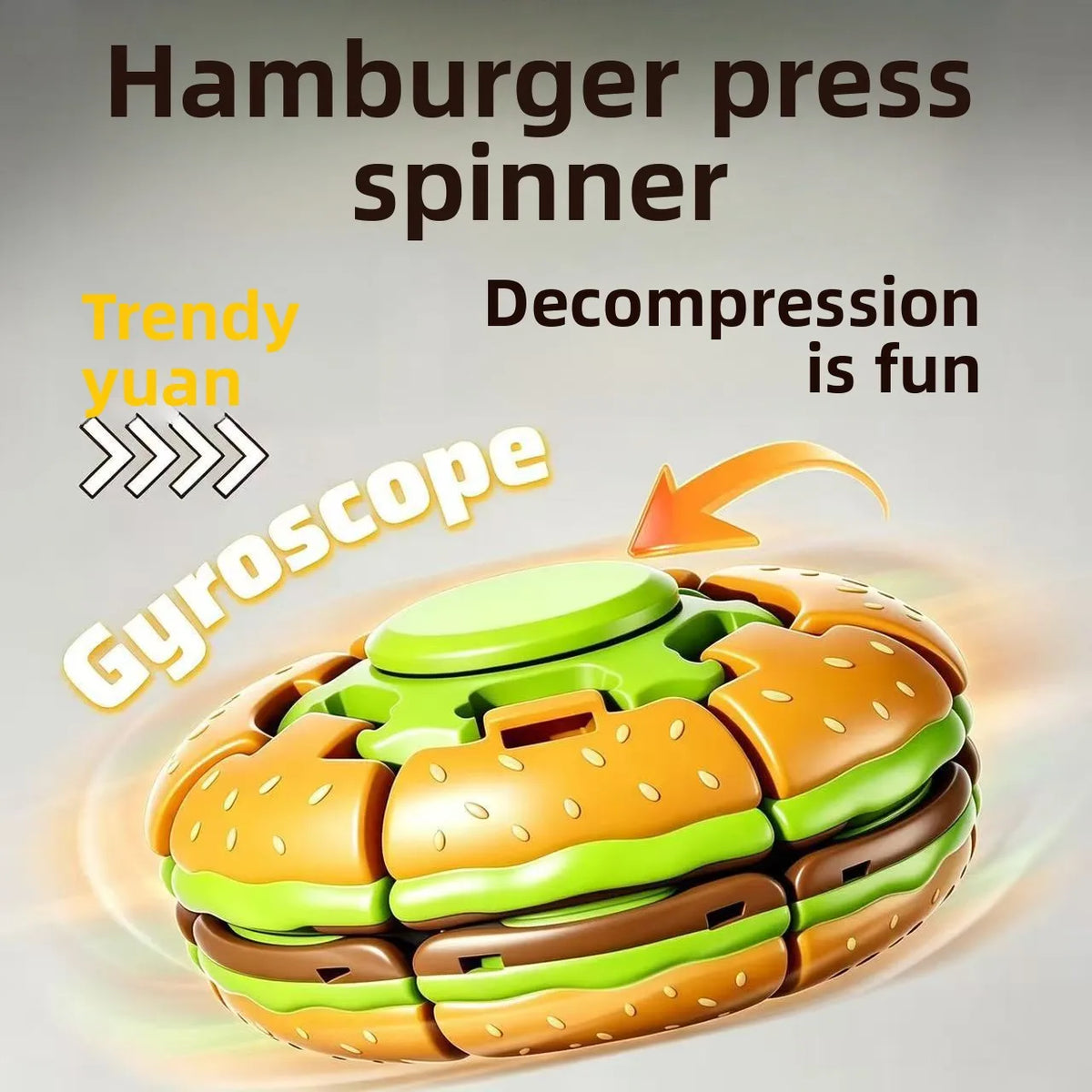 A green and brown burger-shaped spinner toy used for decompression and fun.
