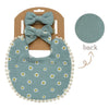 A light blue floral fabric bib and matching bow headband set displayed on a cardboard backing.