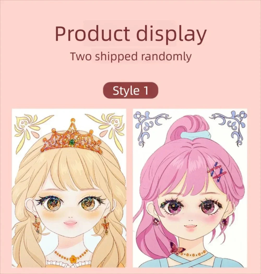Two illustrations of a DIY Princess Makeup Dress-Up Playset featuring blonde and pink hair styles