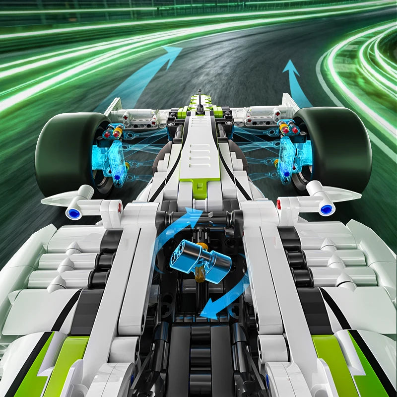 A detailed model of a 1:8 scale formula racing car building set with green and white components.