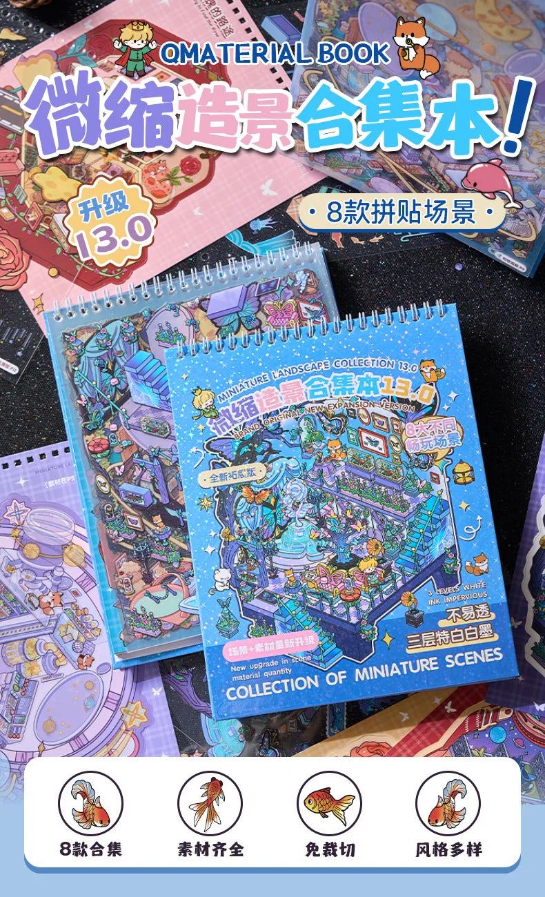 A collection of miniature landscape scenes and stickers for scrapbooking featuring various cartoon characters and elements.
