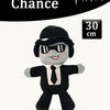A black plush toy dressed in a suit and wearing sunglasses, inspired by the Forsaken game.