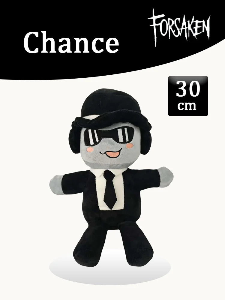 A black plush toy dressed in a suit and wearing sunglasses, inspired by the Forsaken game.