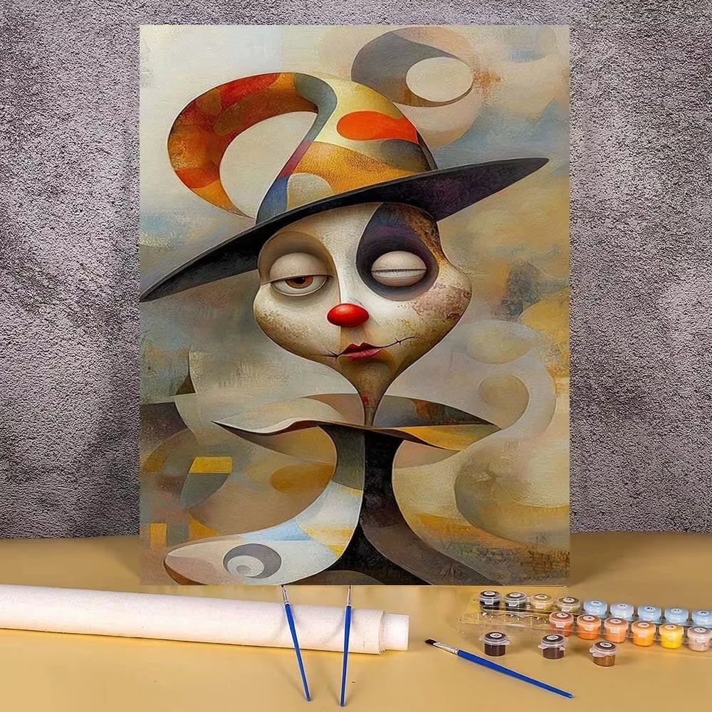 A painting of a stylized clown face in shades of orange, yellow, and gray on canvas.