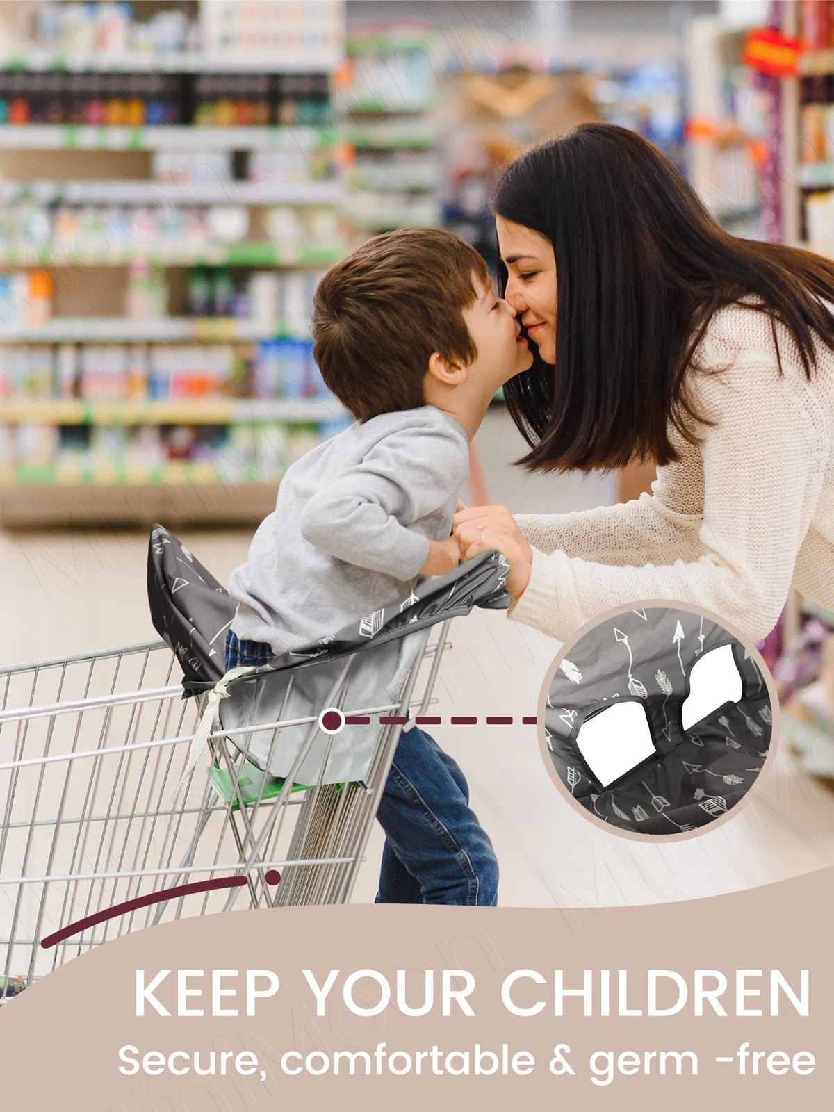 A mother is securing her child in a waterproof shopping cart seat cover while shopping.