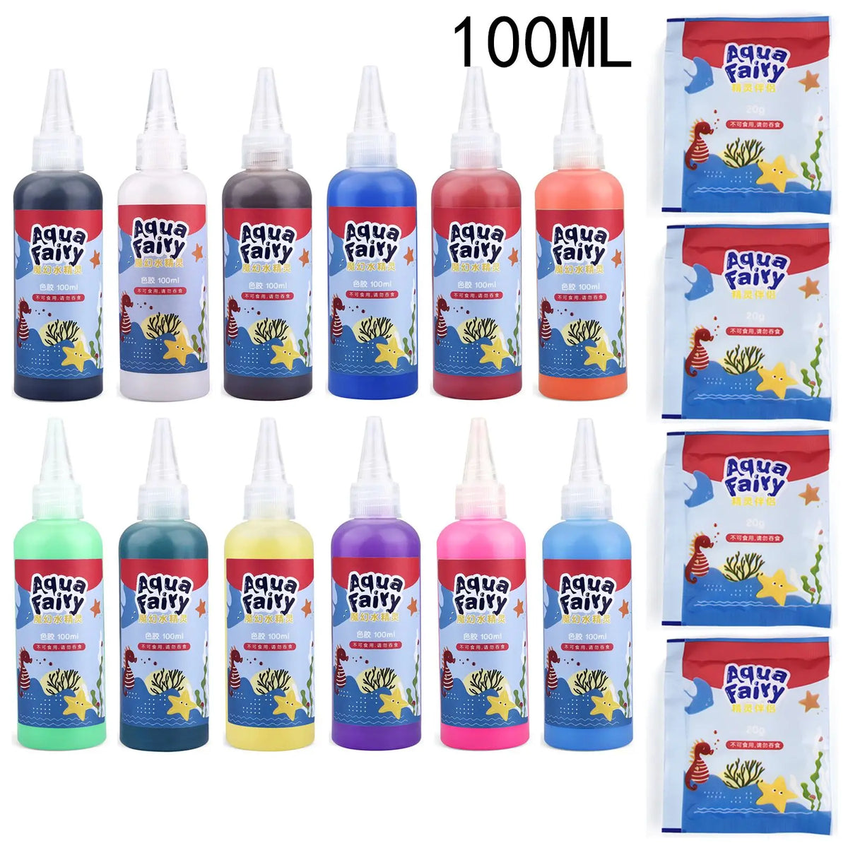A collection of 100ml Aqua Fairy liquid bottles in various colors, including red, blue, green, and purple, for a DIY craft ki