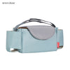 Light blue stroller cup and bottle holder with a gray padded cover