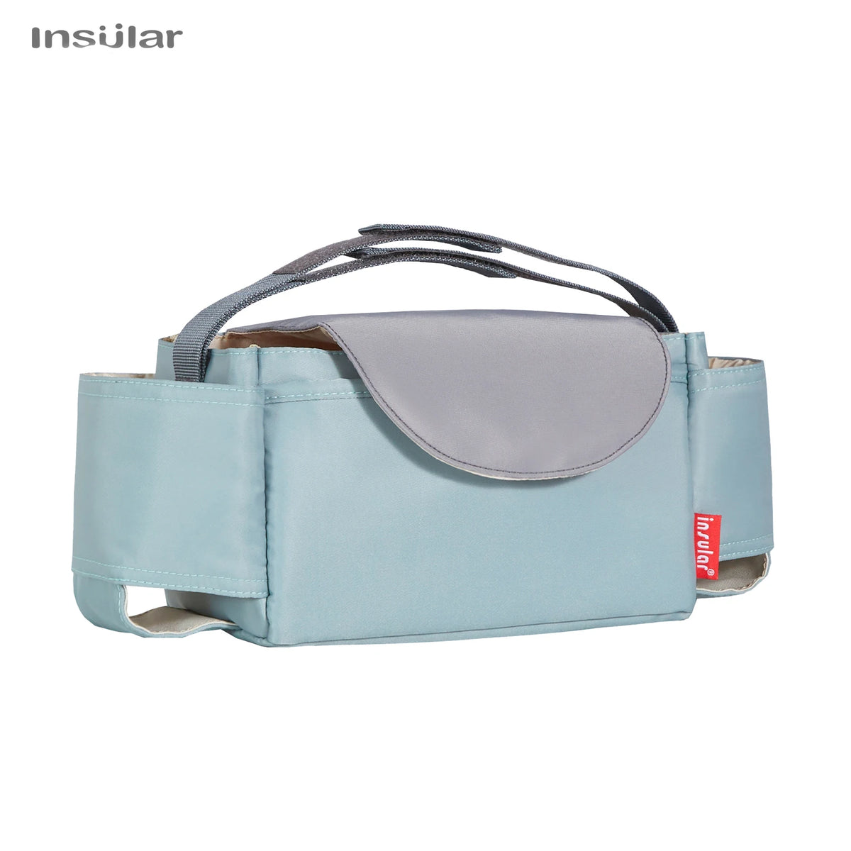 Light blue stroller cup and bottle holder with a gray padded cover