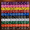 A grid of 10 colorful solid acrylic dice arranged in rows and columns.