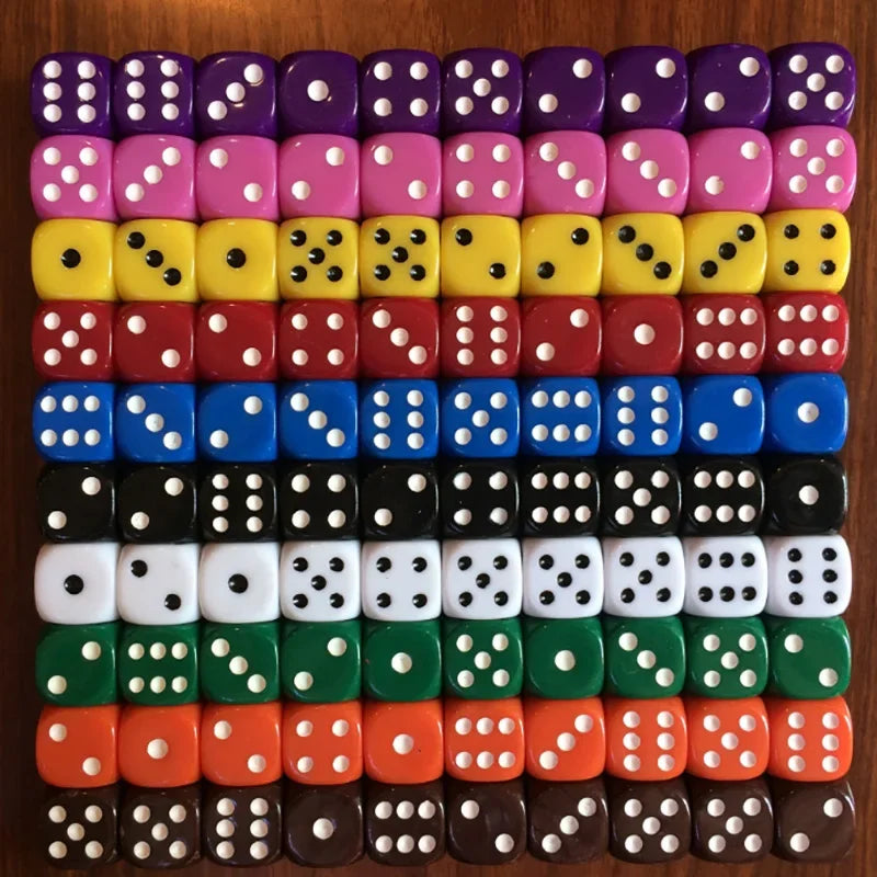 A grid of 10 colorful solid acrylic dice arranged in rows and columns.