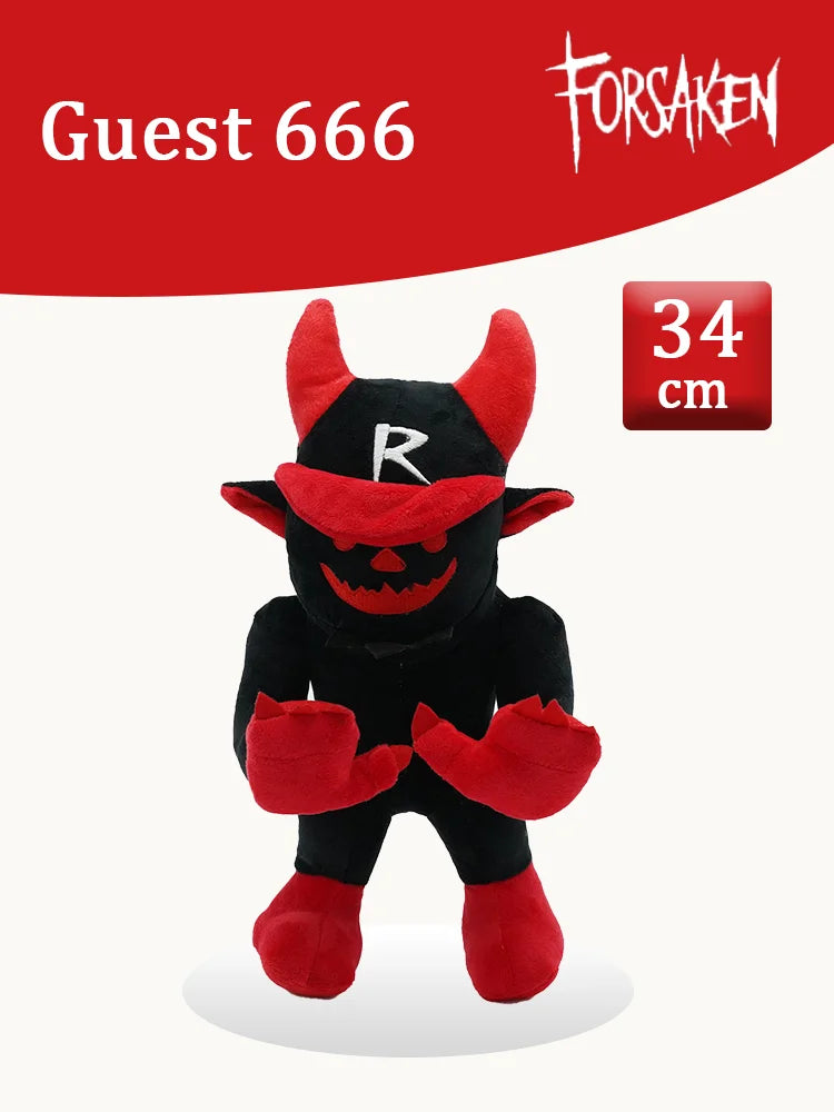 A black plush toy resembling a rabbit with red ears and features, displayed against a red background.
