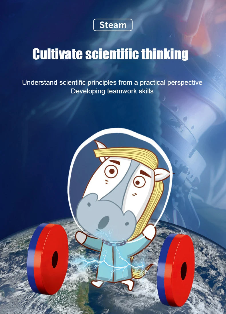 A stylized illustration of a horse character with glowing blue energy standing on a globe, surrounded by magnetic levitation 