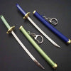 A set of three samurai swords with blue and green hilts and gold accents, displayed against a dark background.