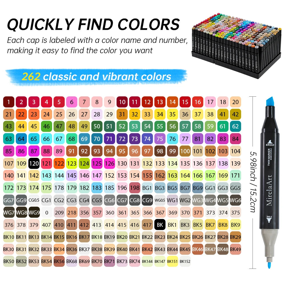 A box of 262 classic and vibrant alcohol markers with individual caps labeled by color name and number