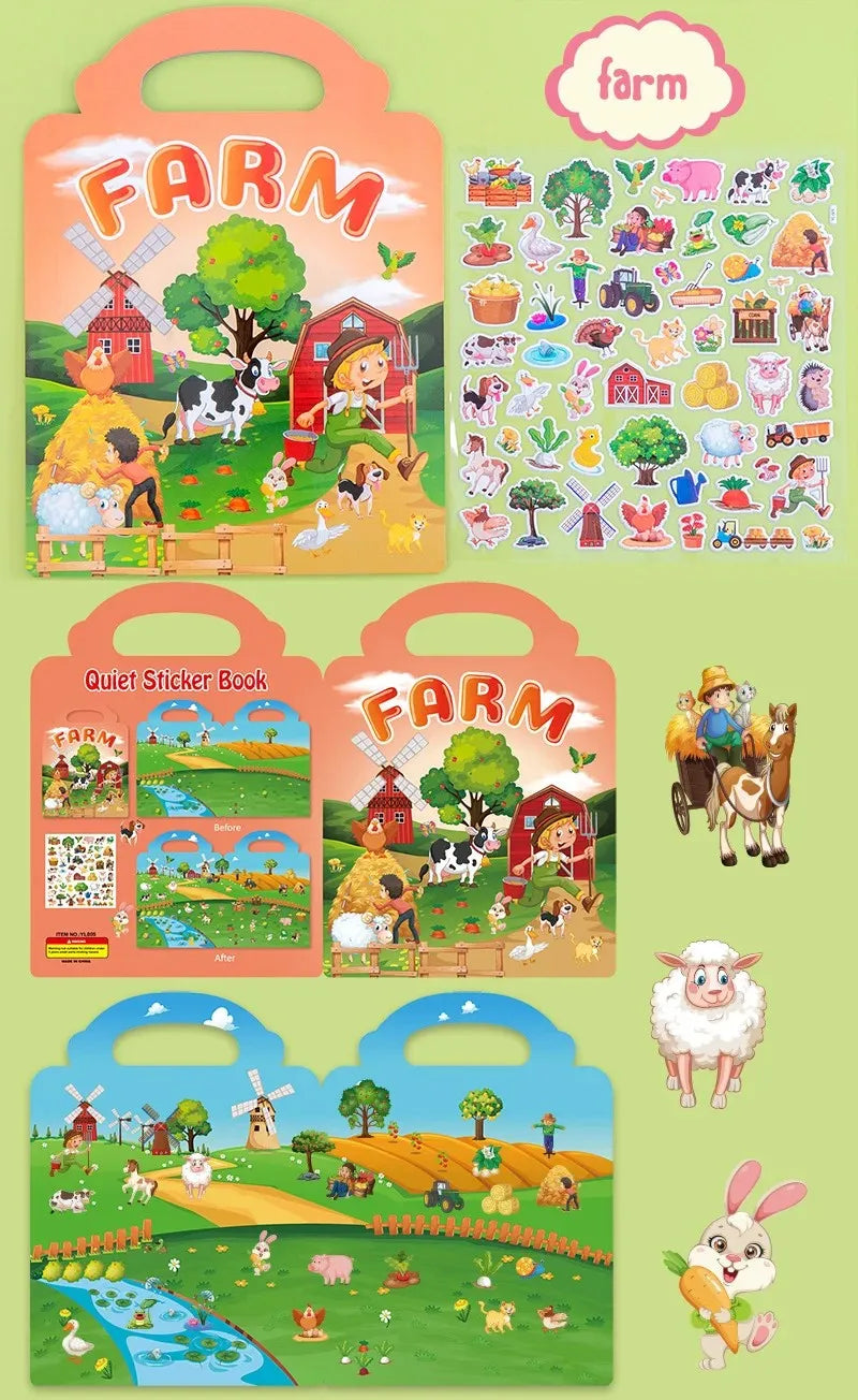 A set of reusable cartoon stickers and a sticker book featuring farm animals and scenes for kids