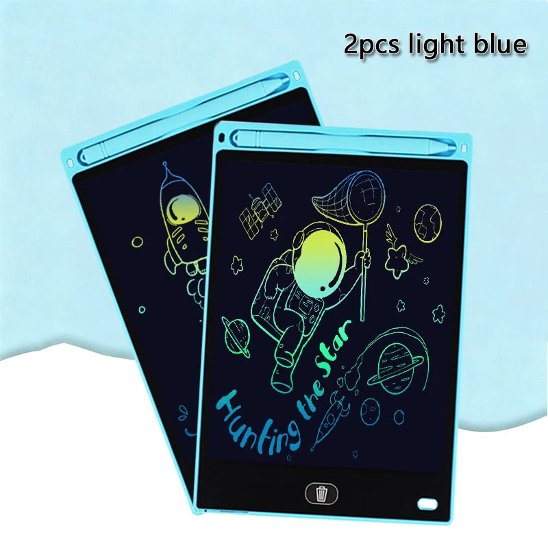 Two light blue drawing tablets with glowing neon outlines of space and stars on a light blue background