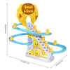 A yellow and blue interactive climbing duck race track for children.