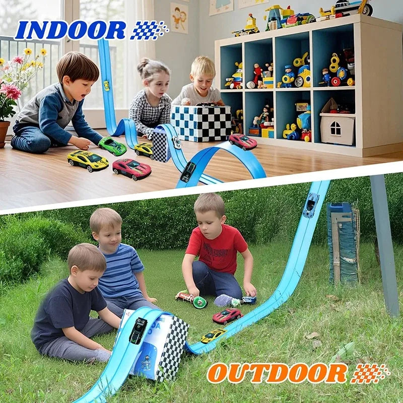 Indoor and outdoor photos show a flexible track racing car set used for building and racing by children.