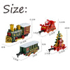 A set of musical Christmas train featuring a locomotive, a passenger car, Santa, and a snowman.