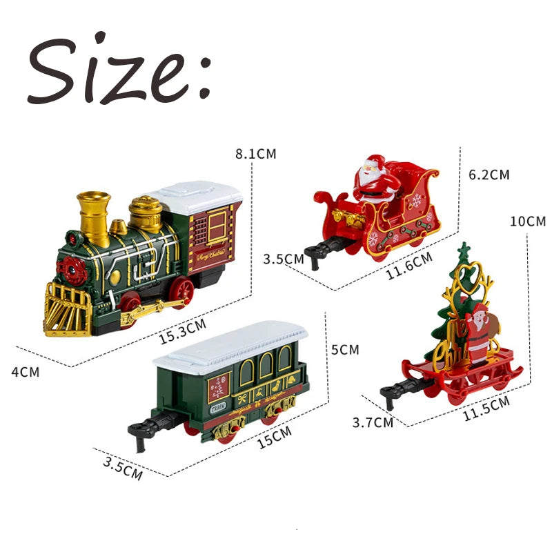 A set of musical Christmas train featuring a locomotive, a passenger car, Santa, and a snowman.