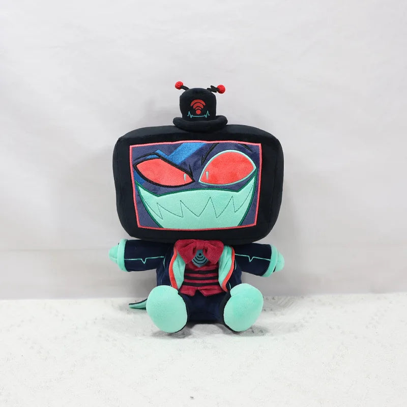 A plush doll of the character Vox from Hazbin Hotel featuring black and red accents.