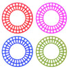 Three circular silicone rubber tire inserts in red, pink, and blue for RC crawlers