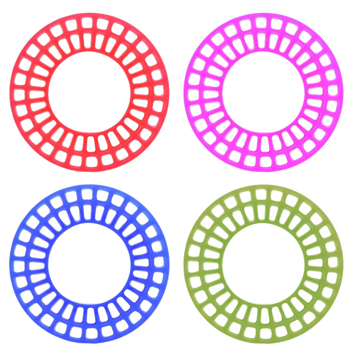 Three circular silicone rubber tire inserts in red, pink, and blue for RC crawlers
