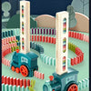 A toy train pulling colorful blocks across a green landscape, demonstrating features like rest assured material and automatic