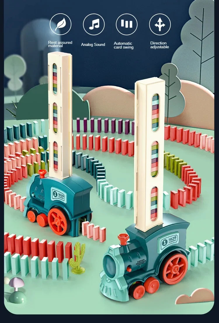 A toy train pulling colorful blocks across a green landscape, demonstrating features like rest assured material and automatic