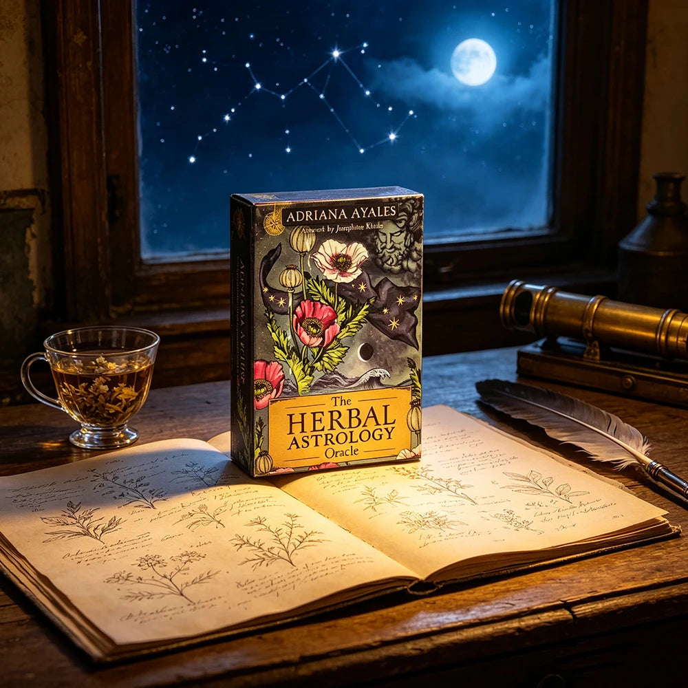 A stack of Adriana Ayales Herbal Astrology Oracle cards sits on an open book next to a window with a full moon visible.