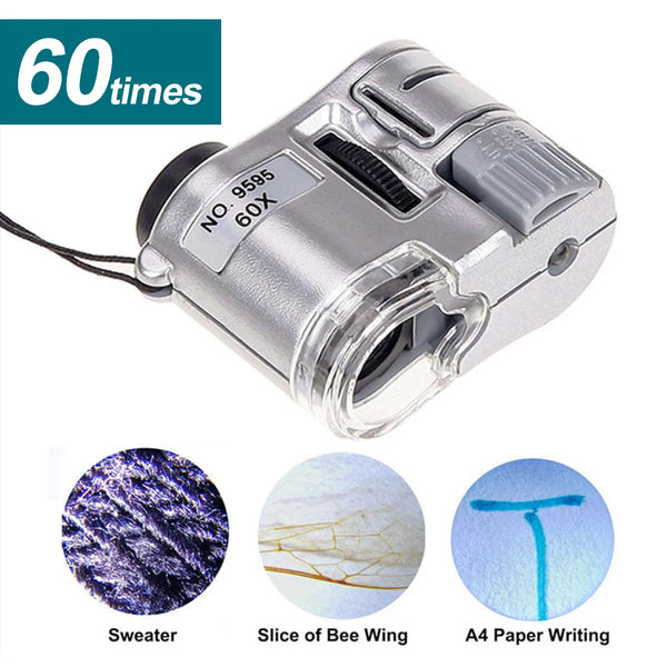 Silver handheld magnifying glass with an LED light and a 60x magnification lens