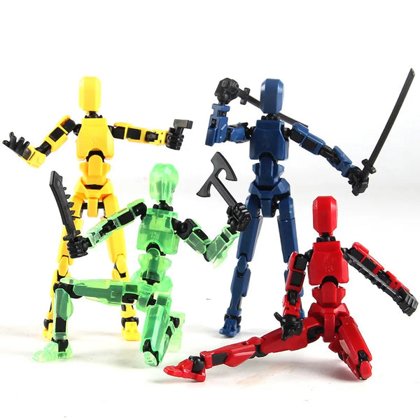 Quatre figurines de robots articulés jaune, bleu, vert et rouge debout ou en pose.