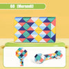 A colorful magic snake cube 3D puzzle fidget toy shown in a box and with disassembled pieces.
