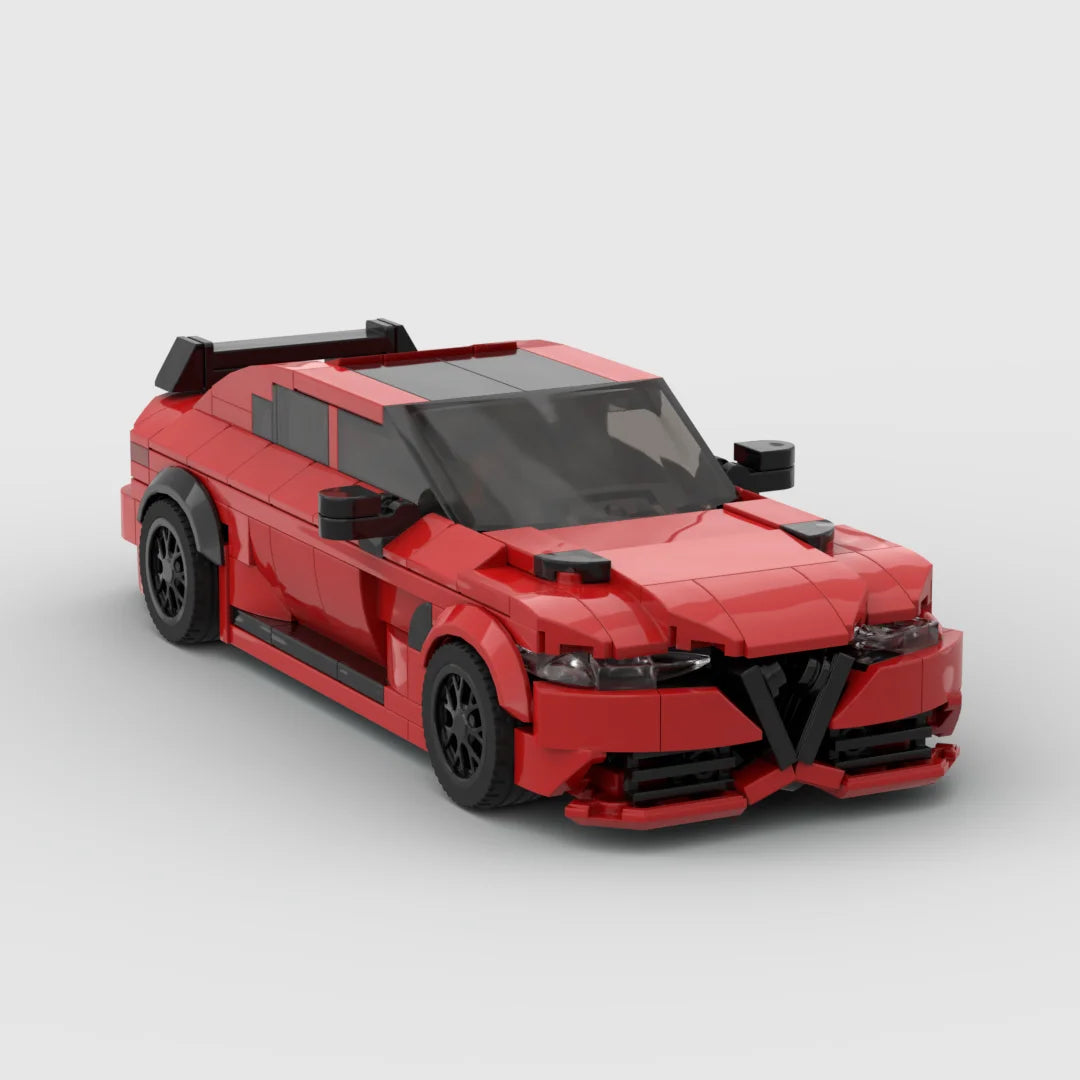 A red classic supercar model built from building blocks.