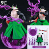 Fully articulated action figure of Jujutsu Kaisen Yuji Itadori in a green outfit with purple cursed energy effects.