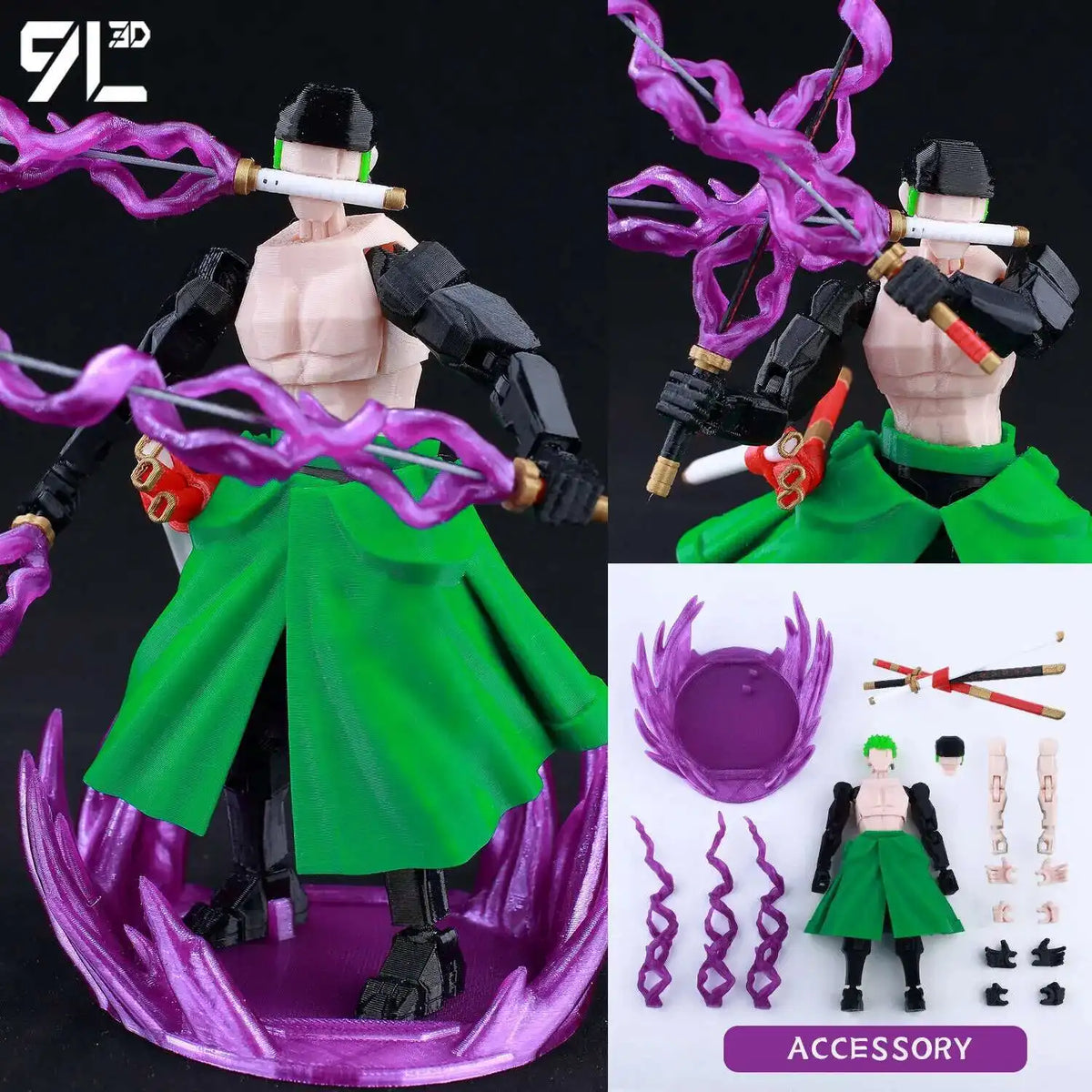 Fully articulated action figure of Jujutsu Kaisen Yuji Itadori in a green outfit with purple cursed energy effects.